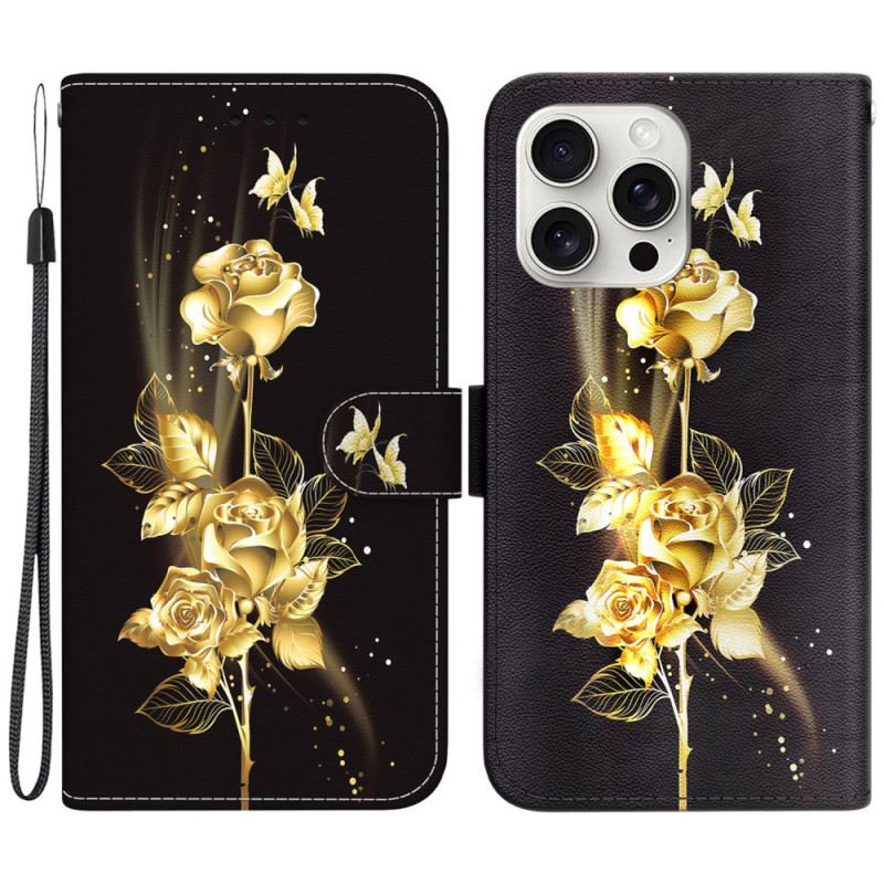 Lederhüllen Für iPhone 16 Pro Max Goldene Und Rosa Schmetterlinge Mit Riemen