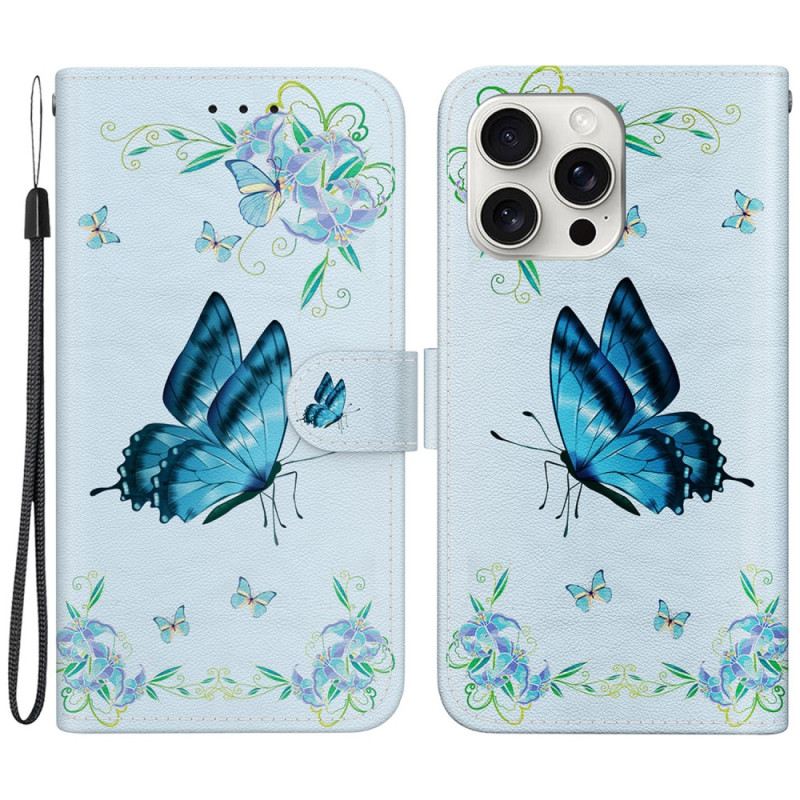 Lederhüllen iPhone 16 Pro Max Handyhülle Blauer Schmetterling Und Blumen Mit Riemen