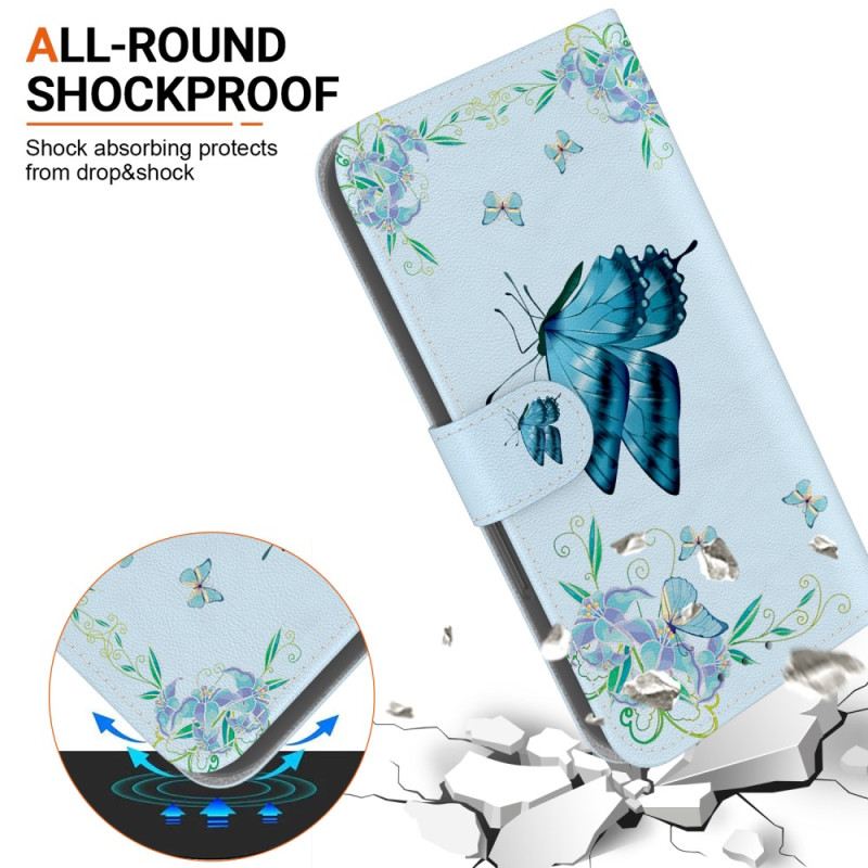 Lederhüllen iPhone 16 Pro Max Handyhülle Blauer Schmetterling Und Blumen Mit Riemen