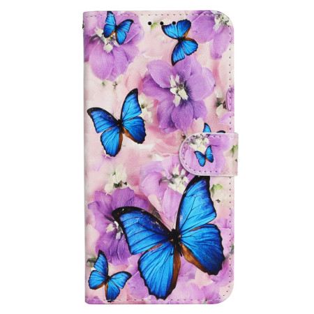 Lederhüllen iPhone 16 Pro Max Schmetterlinge Und Lila Blumen Mit Riemen