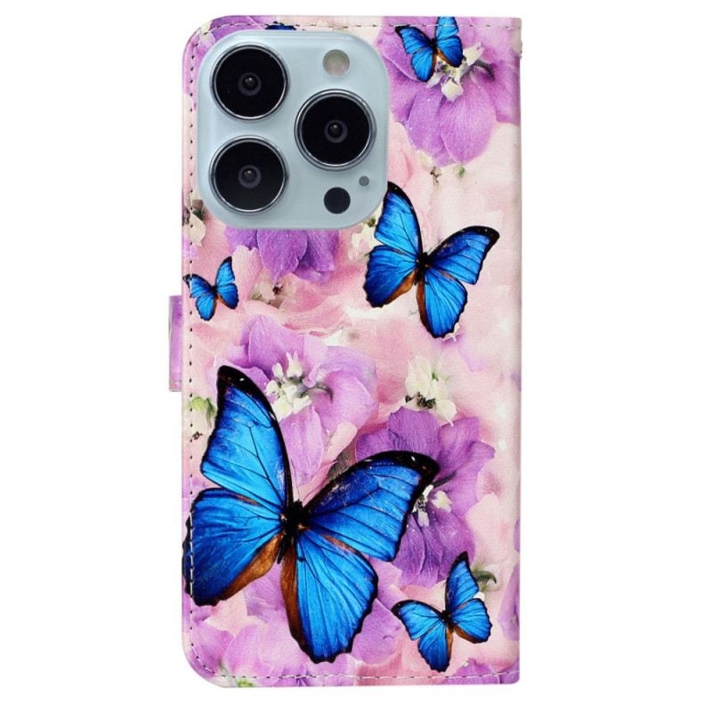 Lederhüllen iPhone 16 Pro Max Schmetterlinge Und Lila Blumen Mit Riemen