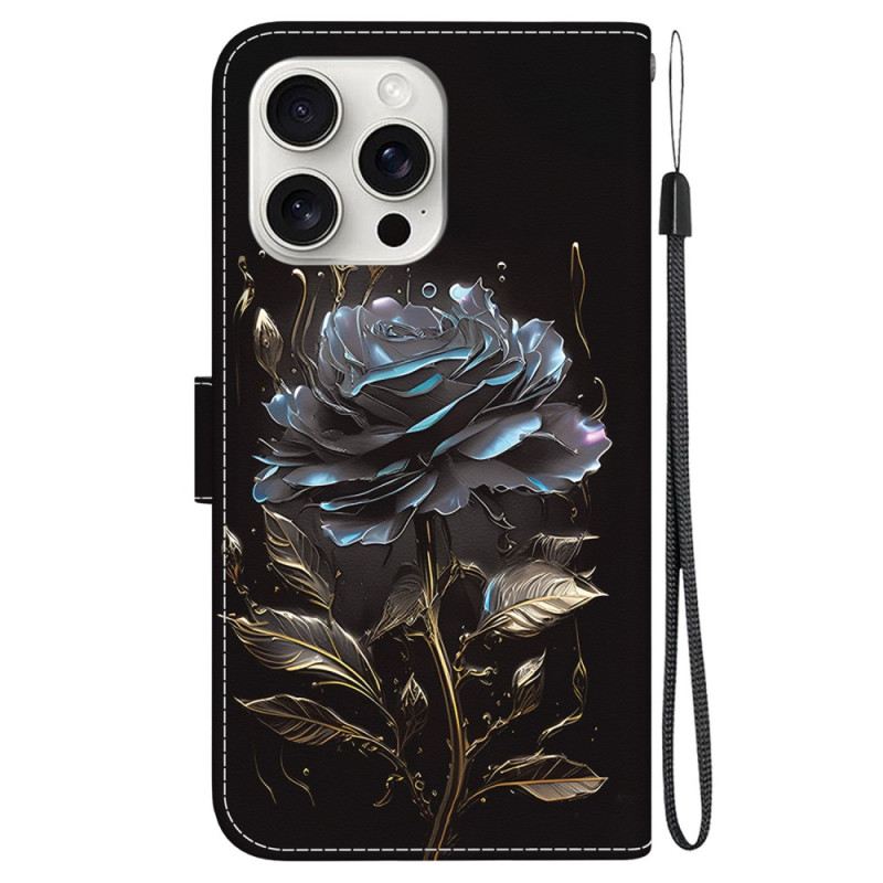 Lederhüllen iPhone 16 Pro Max Schwarze Rose Mit Riemen