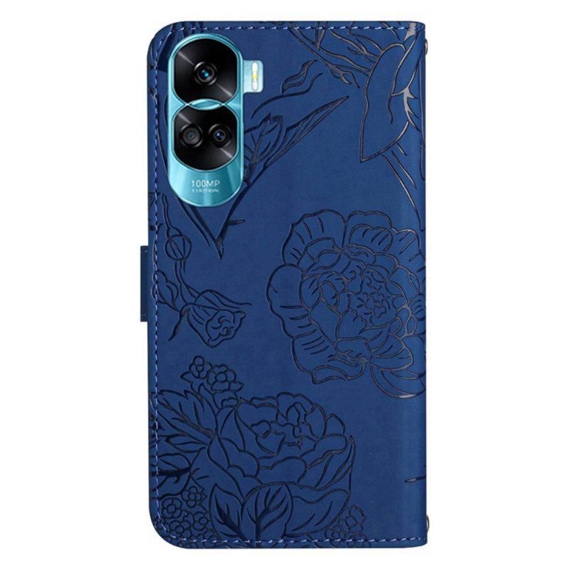 Flip Case Für Honor 90 Lite Mit Kordel Schlüsselband Schmetterlinge