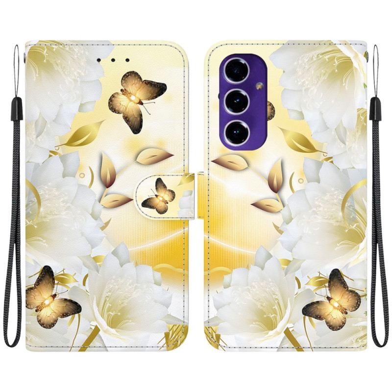 Lederhüllen Für Samsung Galaxy A16 5g Goldener Schmetterling Und Weiße Blumen