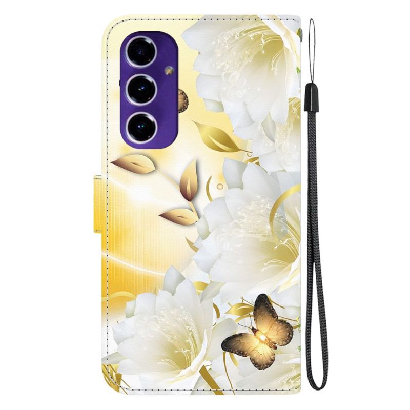 Lederhüllen Für Samsung Galaxy A16 5g Goldener Schmetterling Und Weiße Blumen