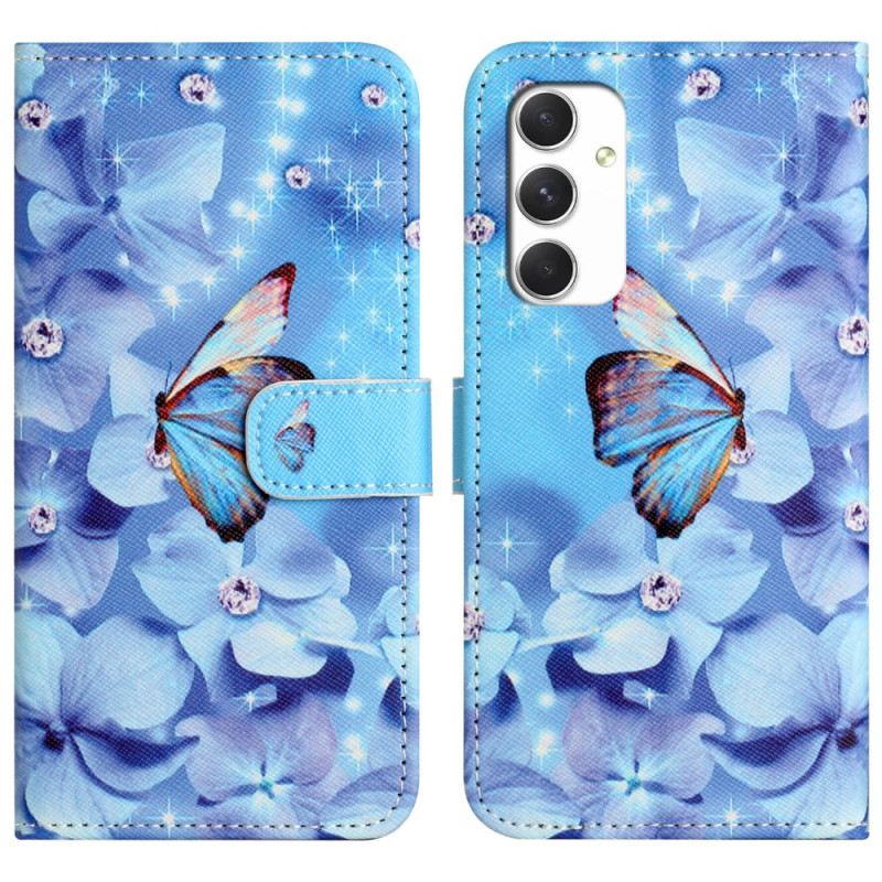 Lederhüllen Samsung Galaxy A16 5g Blaue Blumen Und Schmetterlinge