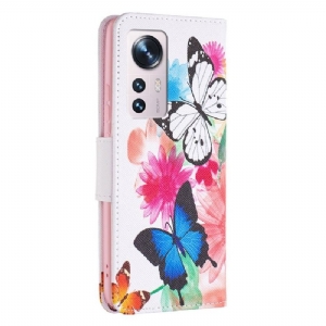 Flip Case Für Xiaomi 12 Schmetterlinge Und Bunte Blumen