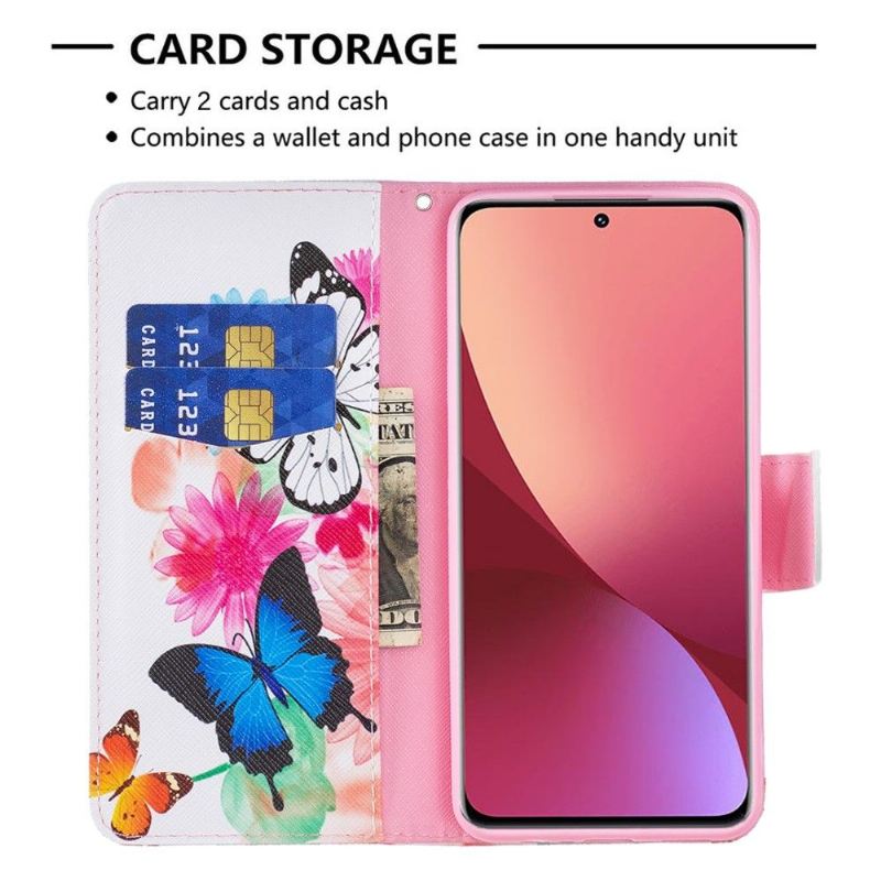 Flip Case Für Xiaomi 12 Schmetterlinge Und Bunte Blumen