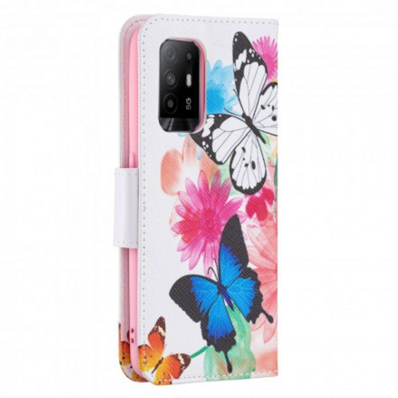 Flip Case Für Oppo A94 5G Bemalte Schmetterlinge Und Blumen