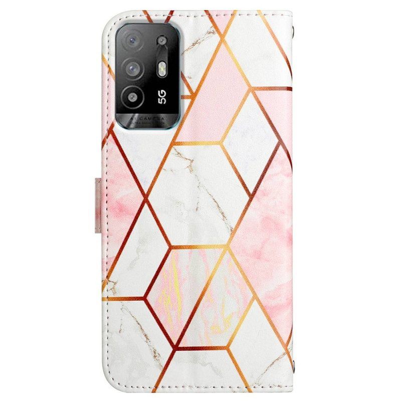 Lederhüllen Für Oppo A94 5G Geometrischer Marmor Mit Riemen