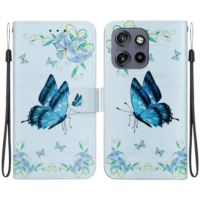 Lederhüllen Motorola Edge 50 Neo Blauer Schmetterling Und Blumen