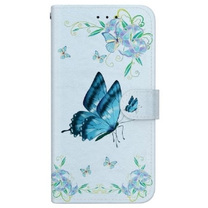 Lederhüllen Für Samsung Galaxy S24 Fe Blauer Schmetterling Und Blumen Mit Riemen