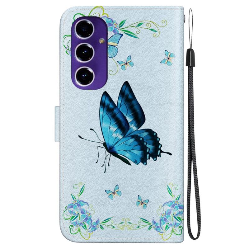 Lederhüllen Für Samsung Galaxy S24 Fe Blauer Schmetterling Und Blumen Mit Riemen