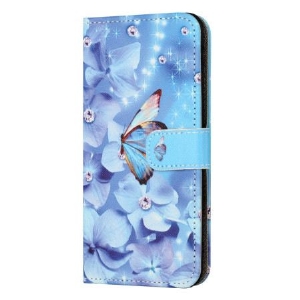 Lederhüllen Samsung Galaxy S24 Fe Blaue Blumen Und Schmetterlinge Mit Riemen