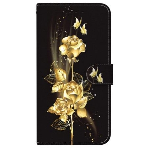 Lederhüllen Samsung Galaxy S24 Fe Handyhülle Goldene Und Rosa Schmetterlinge Mit Riemen