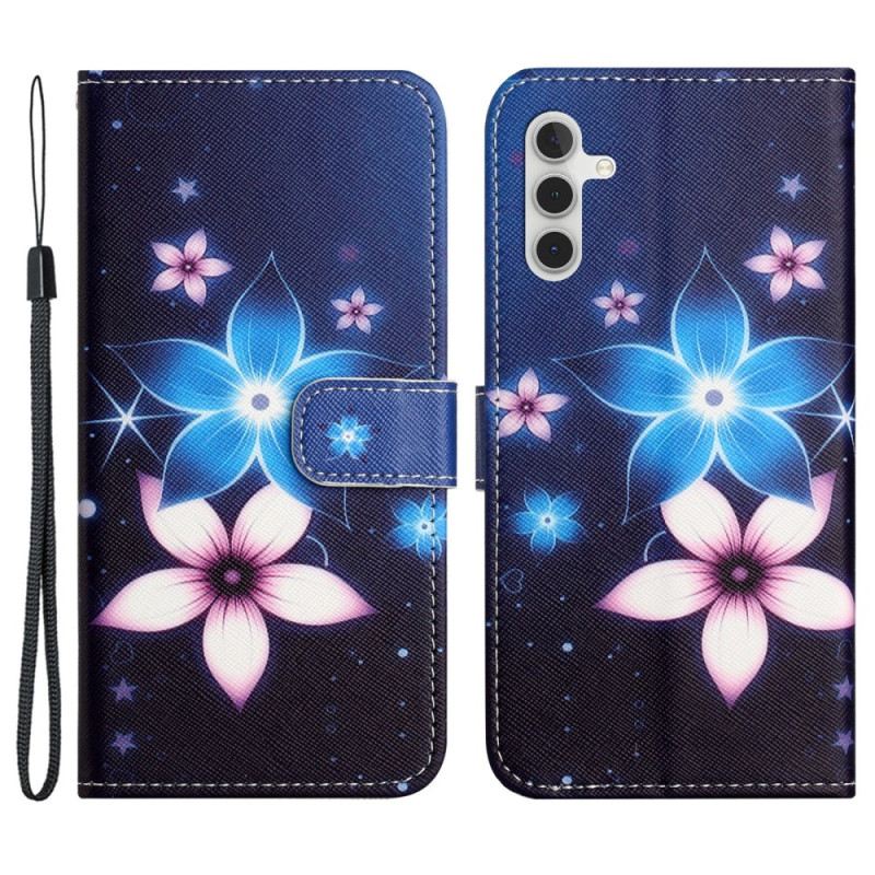 Lederhüllen Samsung Galaxy S24 Fe Handyhülle Mondblumen Mit Riemen