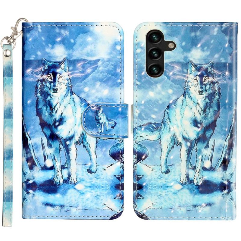 Lederhüllen Samsung Galaxy S24 Fe Handyhülle Schneewolf Mit Riemen