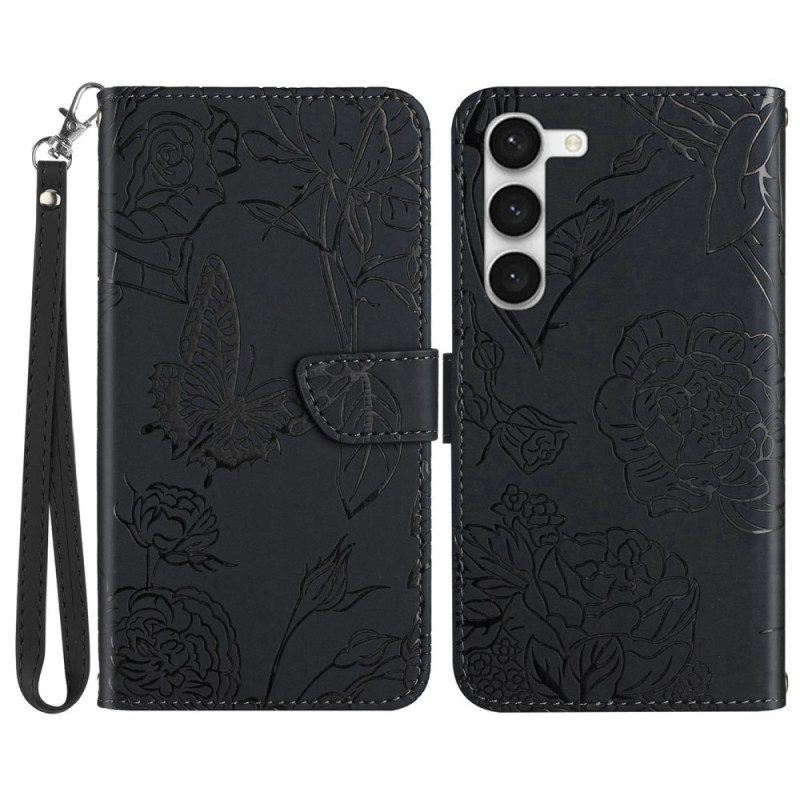 Flip Case Für Samsung Galaxy S23 Plus 5G Schmetterling Mit Schlüsselband