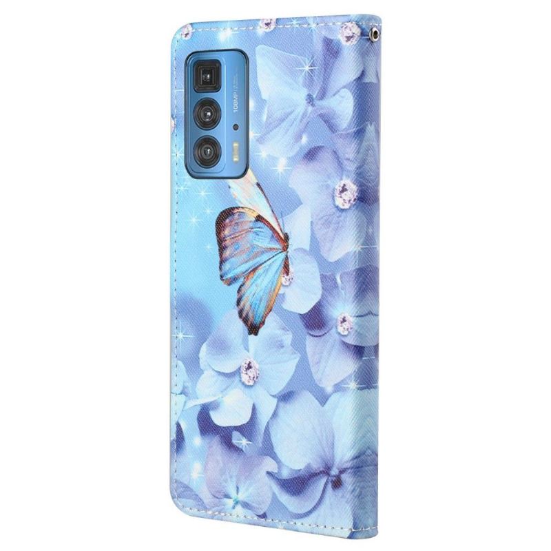 Lederhüllen Für Motorola Edge 20 Pro Schutzhülle Schmetterling Und Blaue Blumen