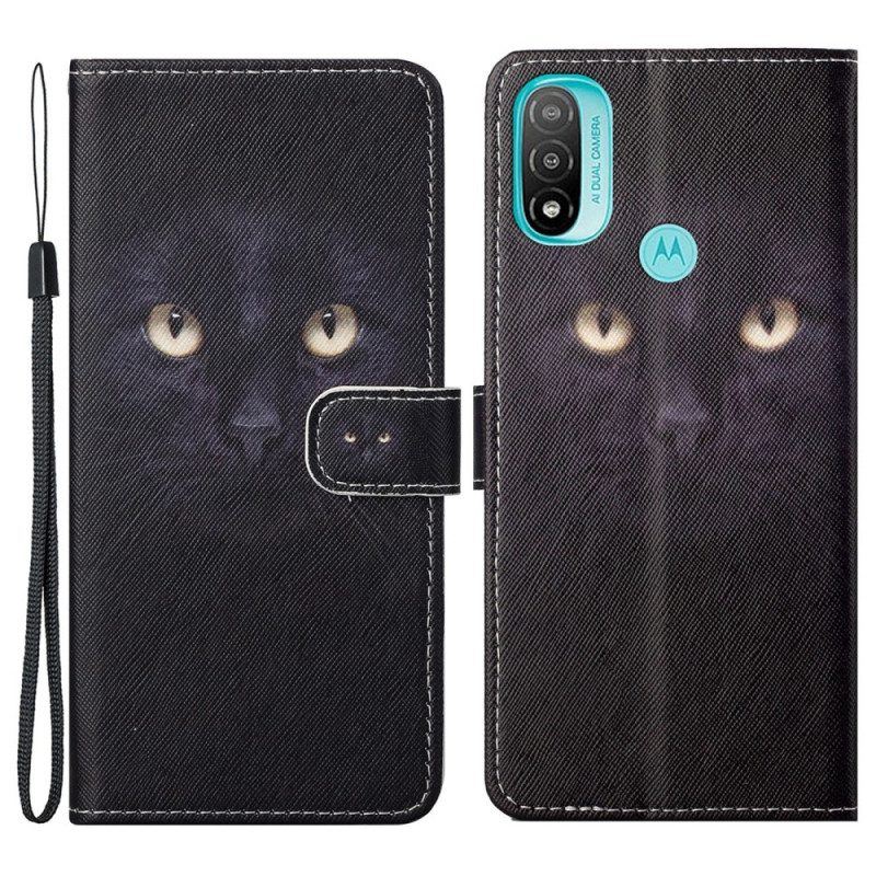 Flip Case Für Moto G71 5G Mit Kordel Riemchenförmige Schwarze Katzenaugen