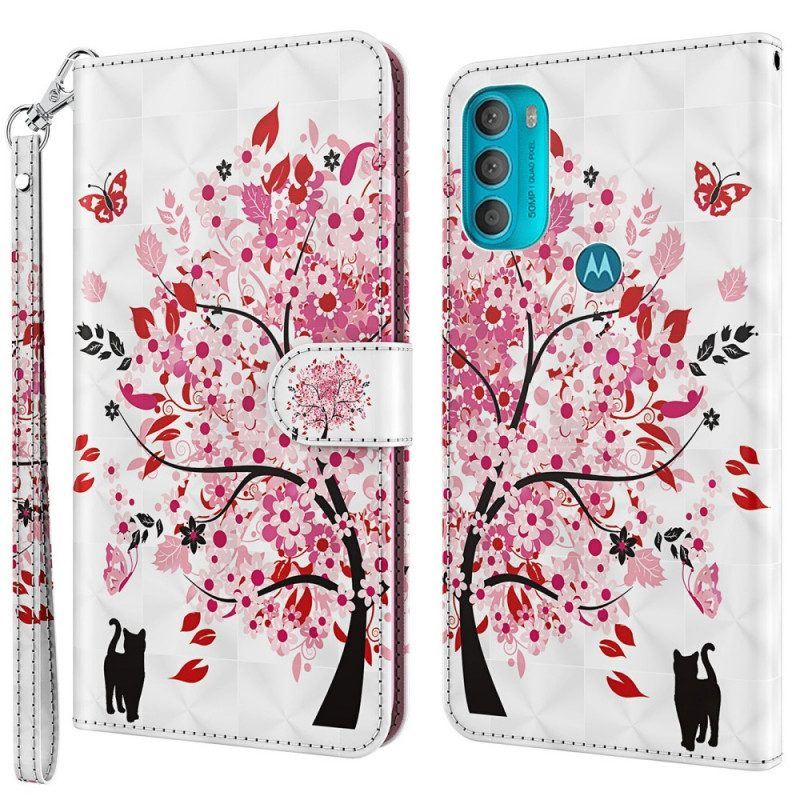 Flip Case Für Moto G71 5G Rosa Baum Und Schwarze Katze