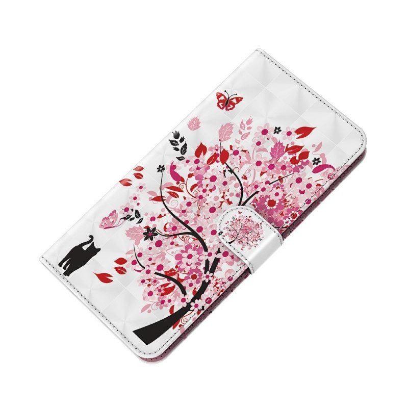 Flip Case Für Moto G71 5G Rosa Baum Und Schwarze Katze