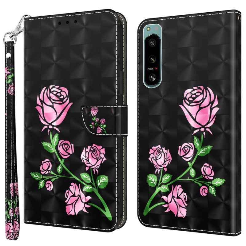 Flip Case Für Sony Xperia 5 IV Mit Kordel Riemenrosen