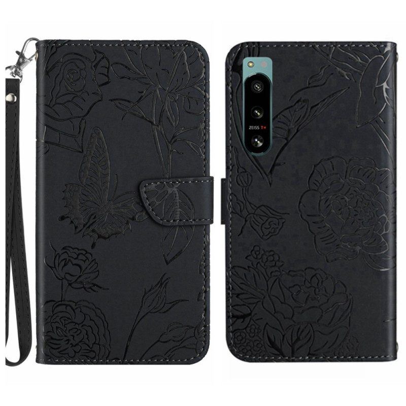 Flip Case Für Sony Xperia 5 IV Schmetterlinge Mit Schlüsselband