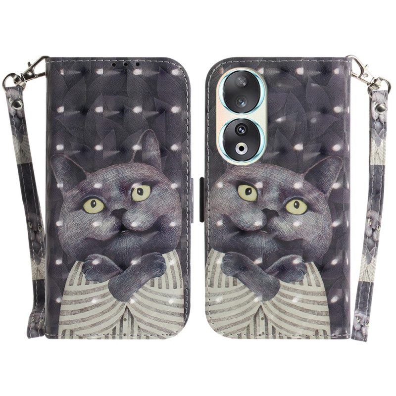 Flip Case Für Honor 90 Mit Kordel Grafische Katze Mit Schlüsselband