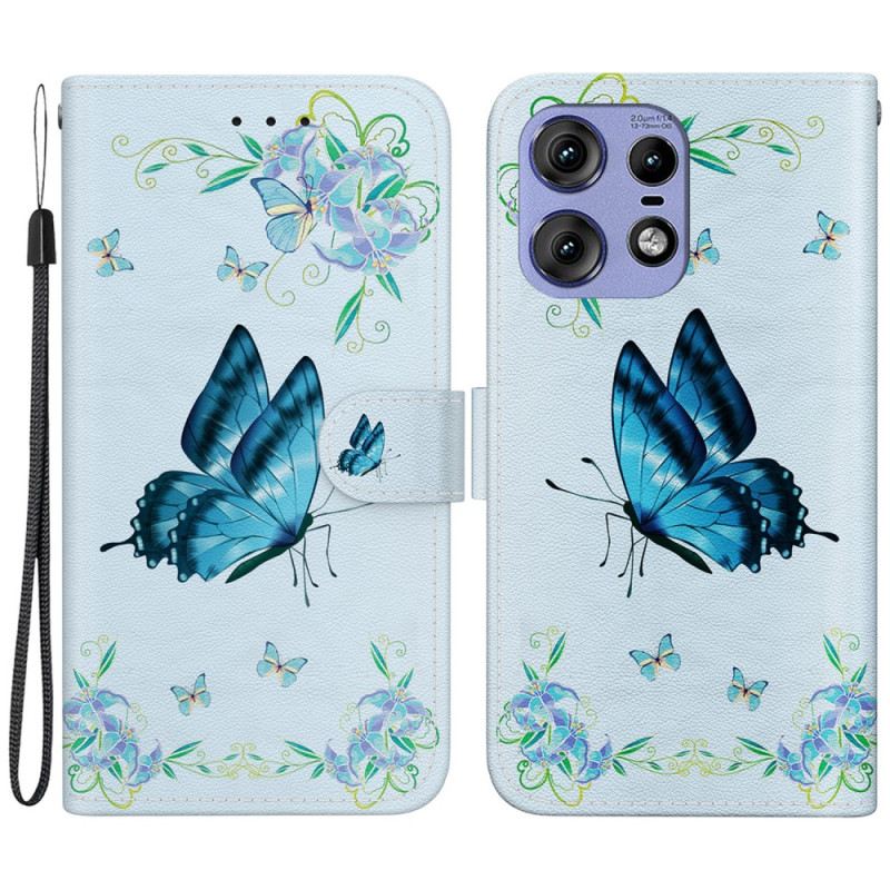 Lederhüllen Motorola Edge 50 Pro Blauer Schmetterling Und Blumen Mit Riemen