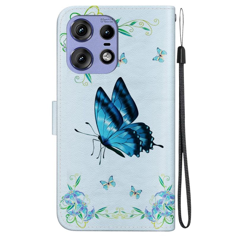 Lederhüllen Motorola Edge 50 Pro Blauer Schmetterling Und Blumen Mit Riemen