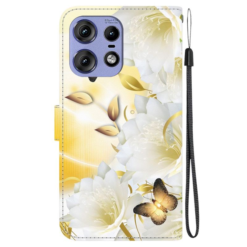 Lederhüllen Motorola Edge 50 Pro Handyhülle Goldene Schmetterlinge Und Weiße Blumen Mit Riemen