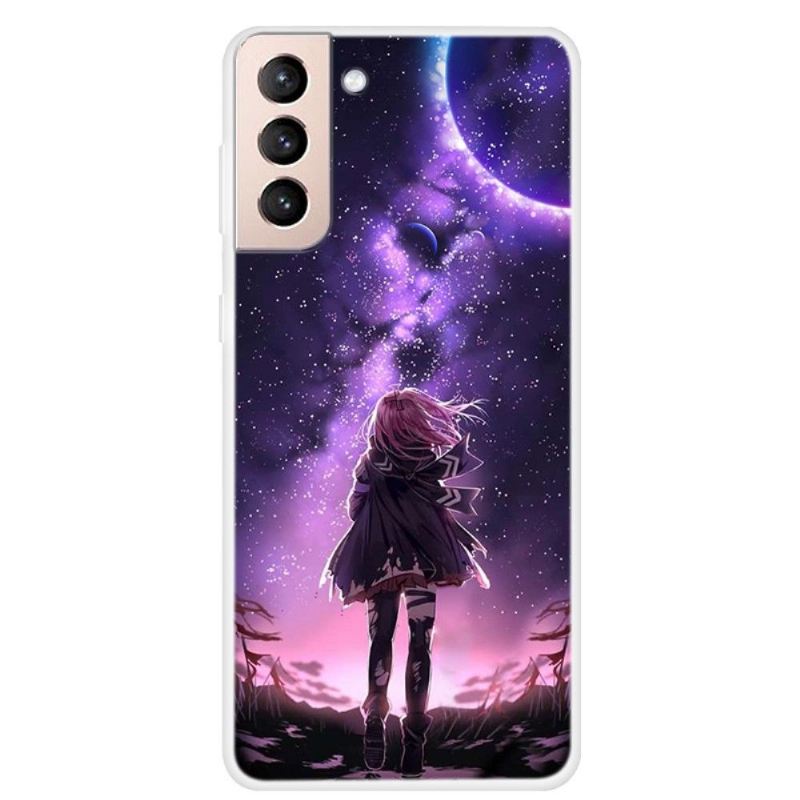 Handyhülle Für Samsung Galaxy S22 5G Schutzhülle Vollmond-mädchen-illustration