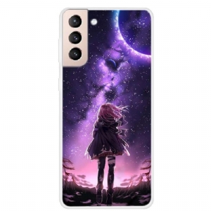 Handyhülle Für Samsung Galaxy S22 5G Schutzhülle Vollmond-mädchen-illustration