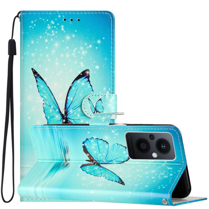 Flip Case Für Oppo Reno 8 Lite Mit Kordel Blaue Schmetterlinge Mit Riemen