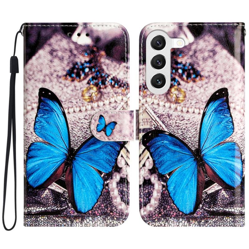 Lederhüllen Für Samsung Galaxy S24 5g Blauer Schmetterling Mit Riemen