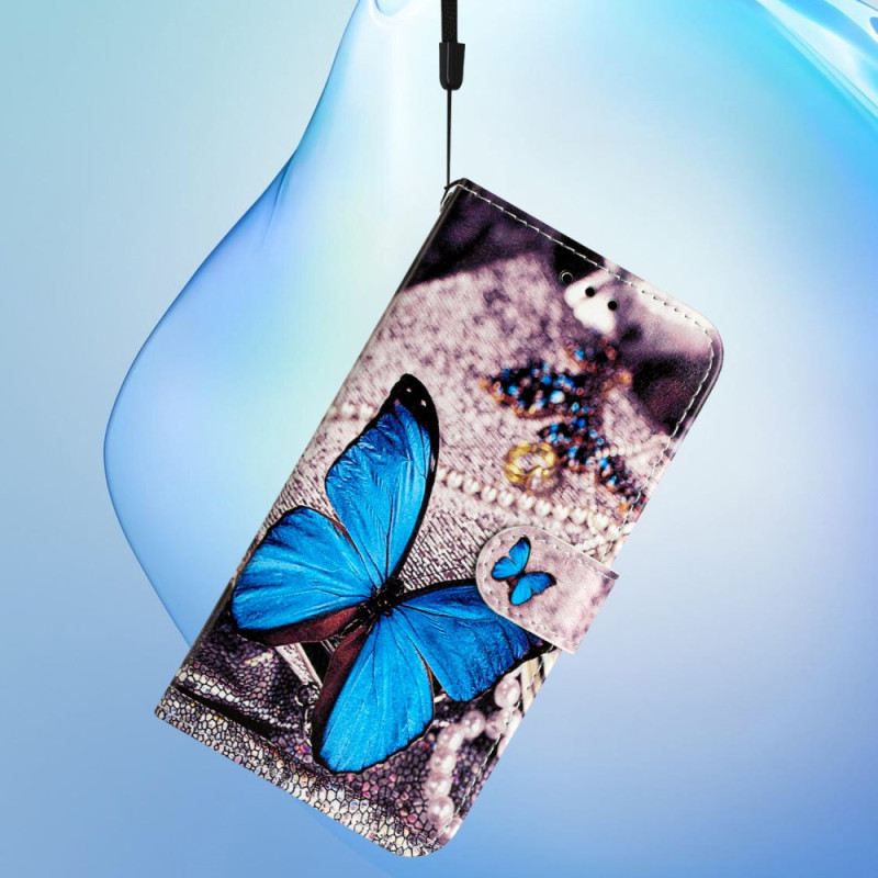 Lederhüllen Für Samsung Galaxy S24 5g Blauer Schmetterling Mit Riemen