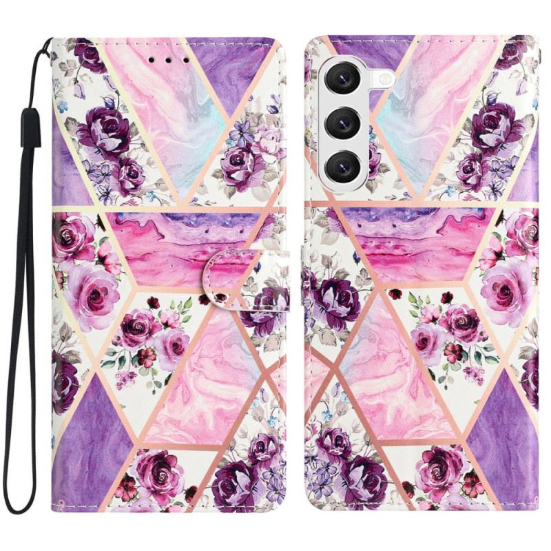 Lederhüllen Für Samsung Galaxy S24 5g Marmorviolette Blumen Mit Riemen