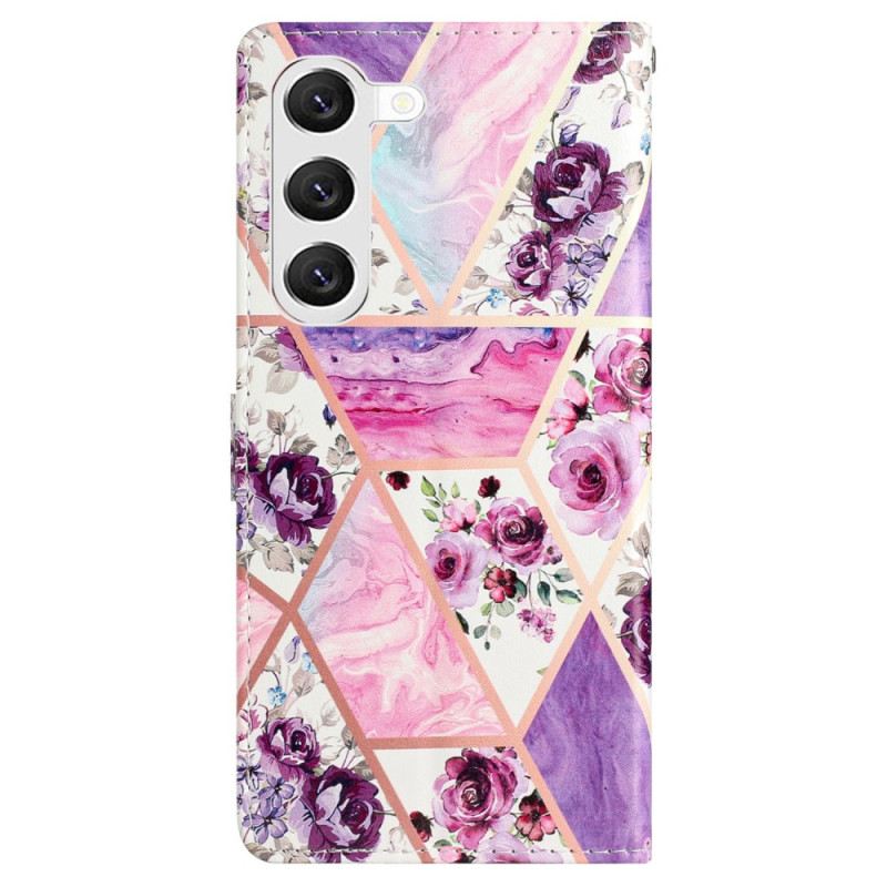 Lederhüllen Für Samsung Galaxy S24 5g Marmorviolette Blumen Mit Riemen