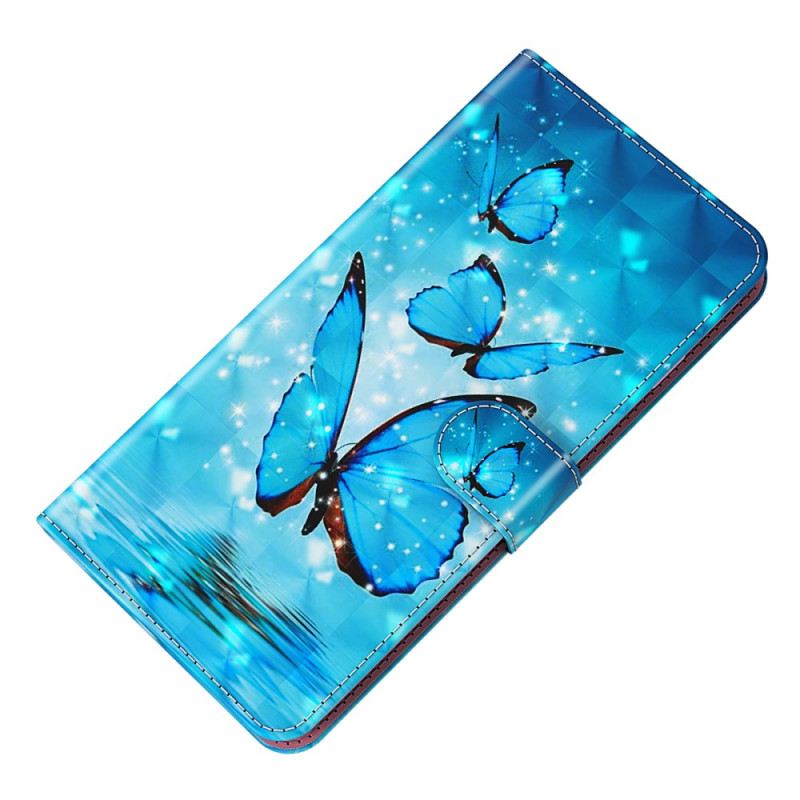 Lederhüllen Samsung Galaxy S24 5g Handyhülle Blaue Schmetterlinge Mit Riemen