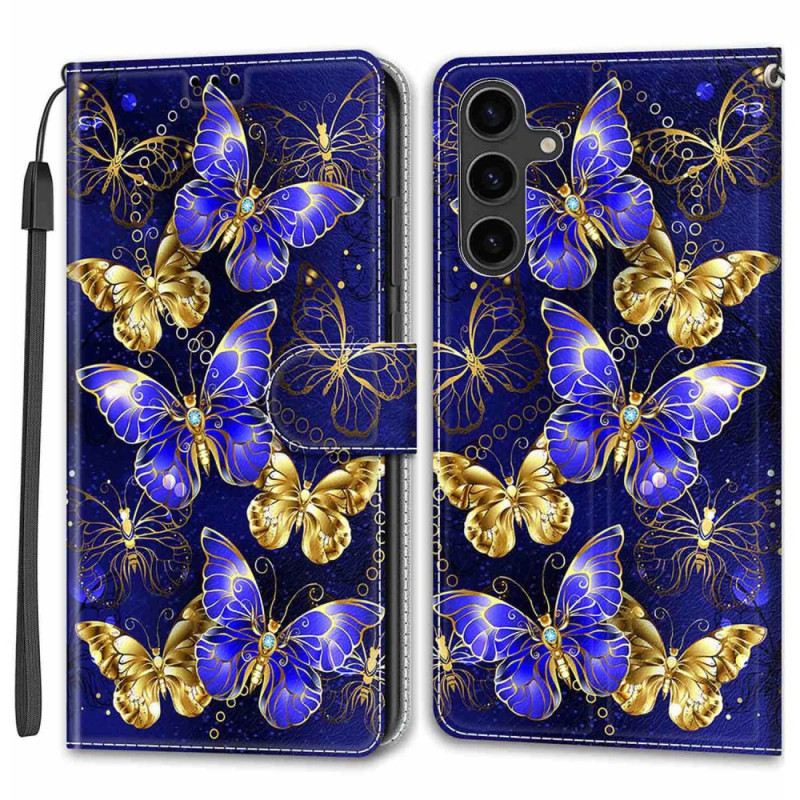 Lederhüllen Samsung Galaxy S24 5g Handyhülle Goldene Und Blaue Schmetterlinge Mit Riemen