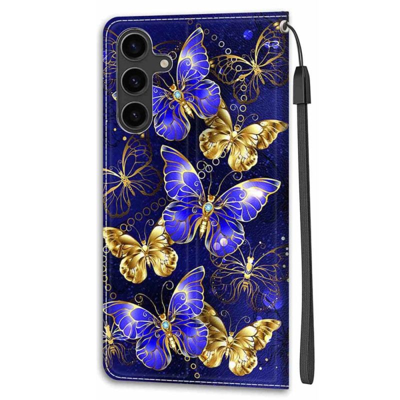 Lederhüllen Samsung Galaxy S24 5g Handyhülle Goldene Und Blaue Schmetterlinge Mit Riemen