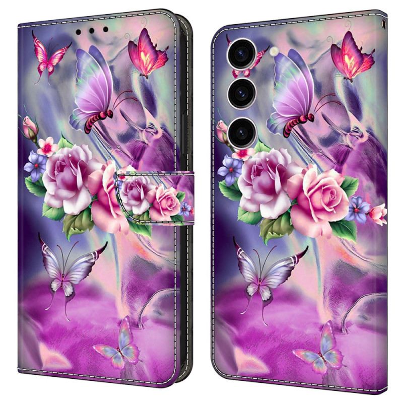 Lederhüllen Samsung Galaxy S24 5g Handyhülle Schmetterlinge Und Violette Blumen