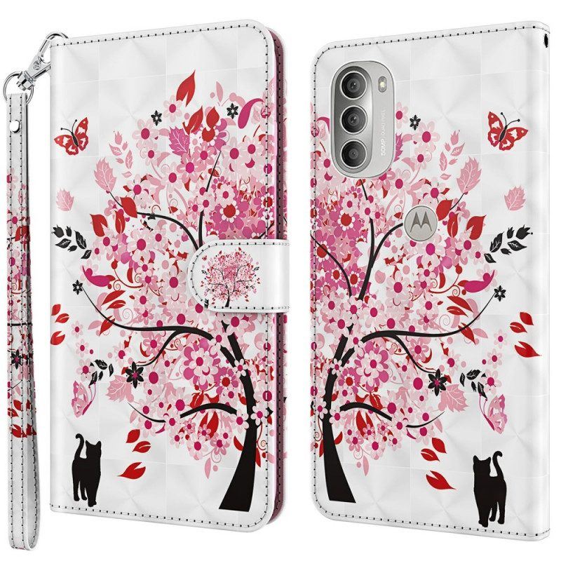 Flip Case Für Moto G51 5G Rosa Baum Und Schwarze Katze