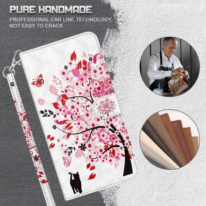 Flip Case Für Moto G51 5G Rosa Baum Und Schwarze Katze