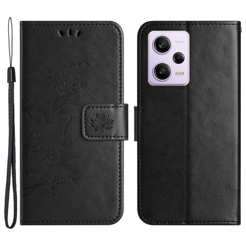 Flip Case Für Xiaomi Redmi Note 12 Pro Mit Kordel Riemchenblumenmuster