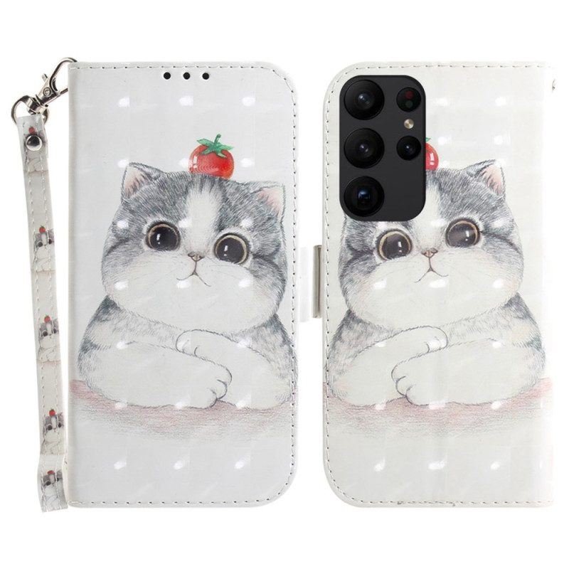 Flip Case Für Samsung Galaxy S23 Ultra 5G Mit Kordel Graue Katze Mit Riemen