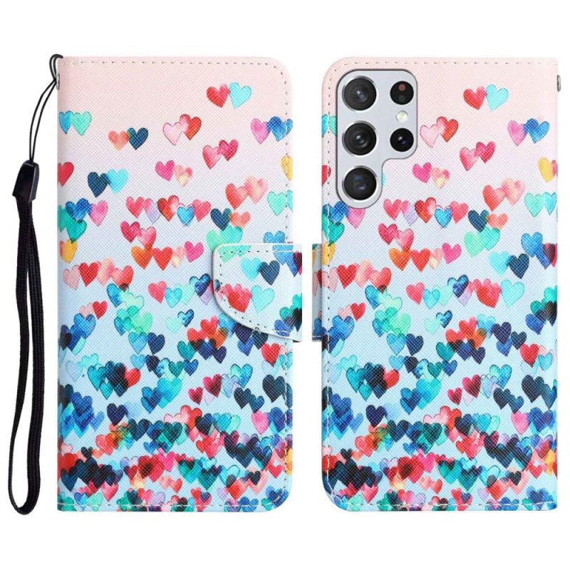 Flip Case Für Samsung Galaxy S23 Ultra 5G Mit Kordel Nur Strappy Hearts