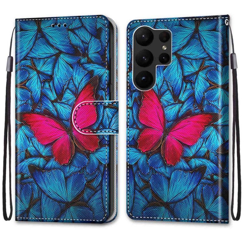 Flip Case Für Samsung Galaxy S23 Ultra 5G Roter Schmetterling. Blauer Hintergrund