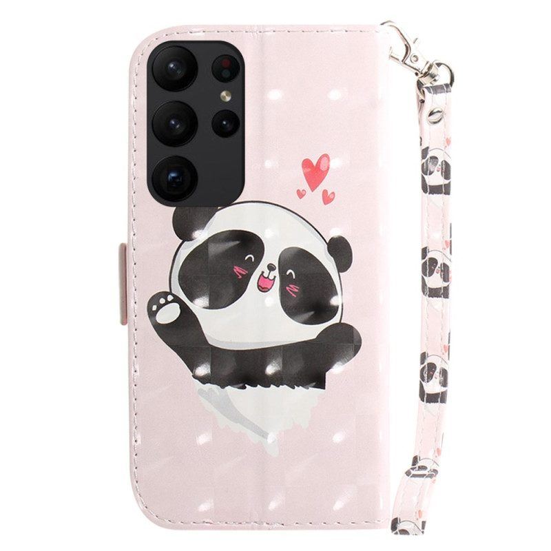 Lederhüllen Für Samsung Galaxy S23 Ultra 5G Mit Kordel Kleiner Panda Mit Riemen